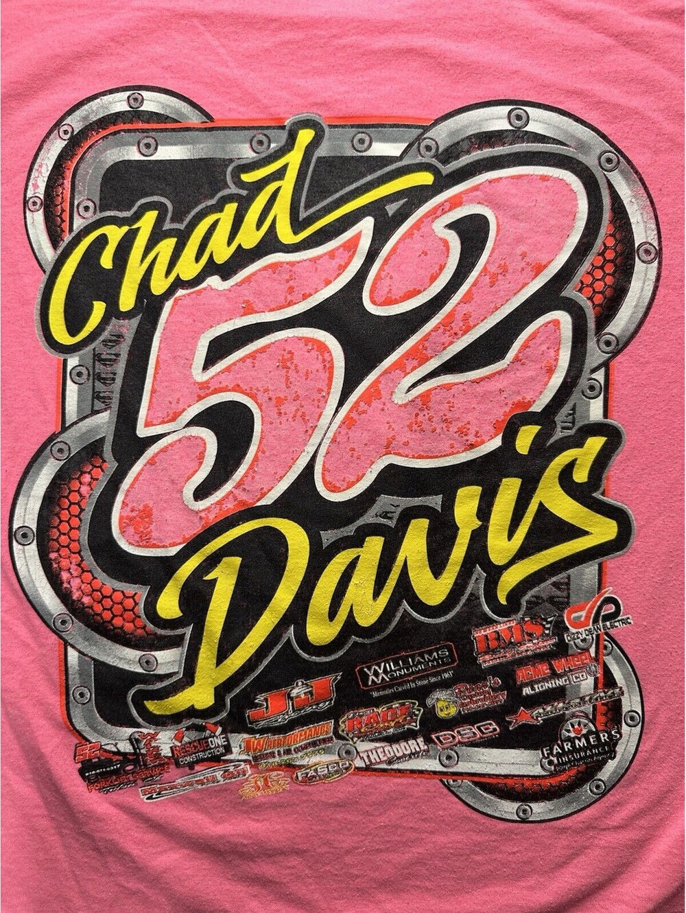 Chad Davis 52 Racing T Shirt Pink Double Sided Graphic Tee Large